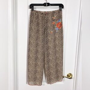 Anthro Josie Natori Floral Embroidered Sheer Leopard Print Cropped PJ Pants XS